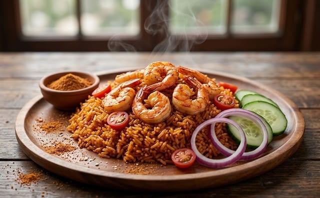 SHRIMP SUYA (W/JOLLOF RICE).